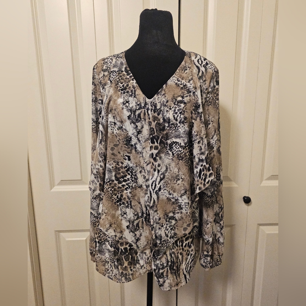 Leopard Print Blouse  Women's Semi Sheer Long Sleeve V-Neck SZ XL 1X